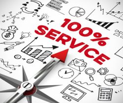 100% Service und Kundenservice als Konzept mit Kompass und Pfeil